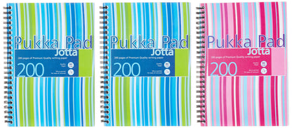 Pukka Pad, Striped Jotta Pad A5 Notebook 3-Pack with Twin Wire Binding - 200 Pages of 80GSM Paper with 8mm Lines and Perforated Edges – Assorted Colours, 21 x 14.5 cm