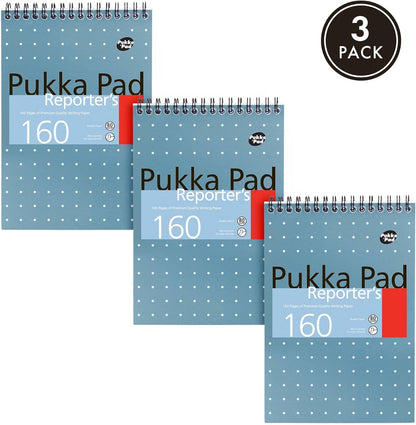 Pukka Pad, Reporter’s Pad 3 Pack for Home, School, and Office – 14 x 20.5cm – Wirebound, Head-Bound Notebook with 160 Pages of 80GSM Paper – Microperforated for Easy Removal – Blue