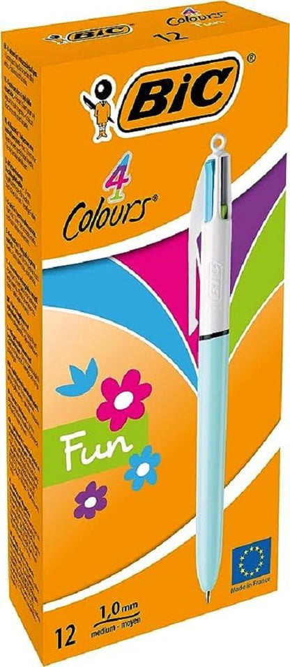 BIC 4 Colours Fun Retractable Ballpoint Pens - Box of 12 with Light Blue Pastel Barrel and Medium Point (1.0 mm