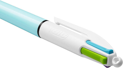 BIC 4 Colours Fun Retractable Ballpoint Pens - Box of 12 with Light Blue Pastel Barrel and Medium Point (1.0 mm