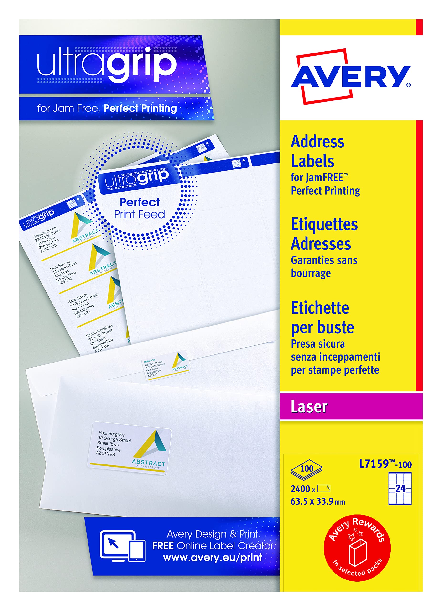 Avery Self Adhesive Address Mailing Labels, Laser Printers, (Amazon FBA Barcode Labels), 24 Labels Per Sheet, 100 sheets, 2400 labels, UltraGrip (L7159), White