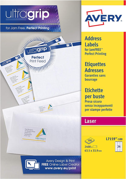Avery Self Adhesive Address Mailing Labels, Laser Printers, (Amazon FBA Barcode Labels), 24 Labels Per Sheet, 100 sheets, 2400 labels, UltraGrip (L7159), White