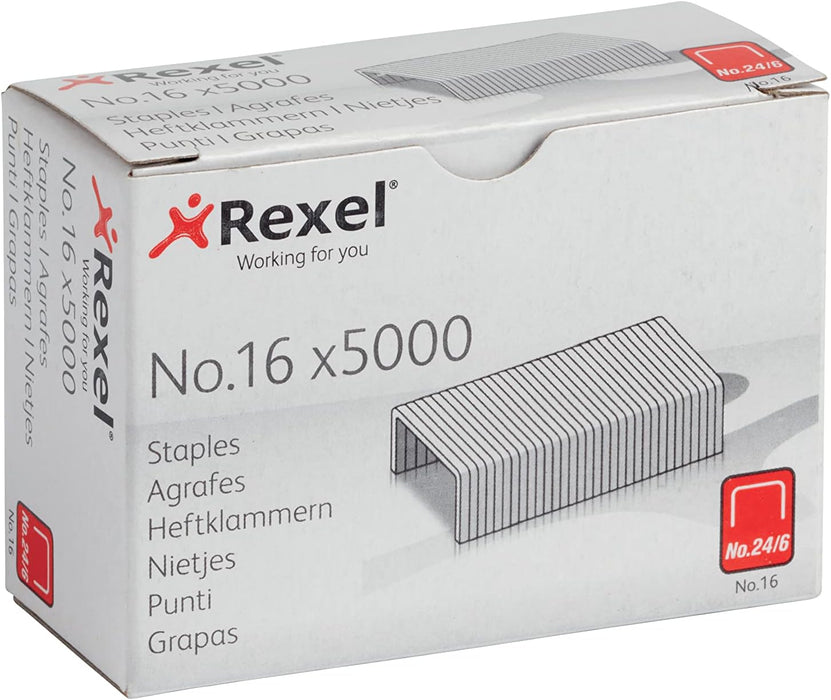 Rexel No.16 24/6 mm Standard Staples, For Stapling up to 20 Sheets, Use with Desktop Staplers and Pliers, Box of 5000, 6010 & No.56 26/6 Staples for Standard Staplers, 5000 Count