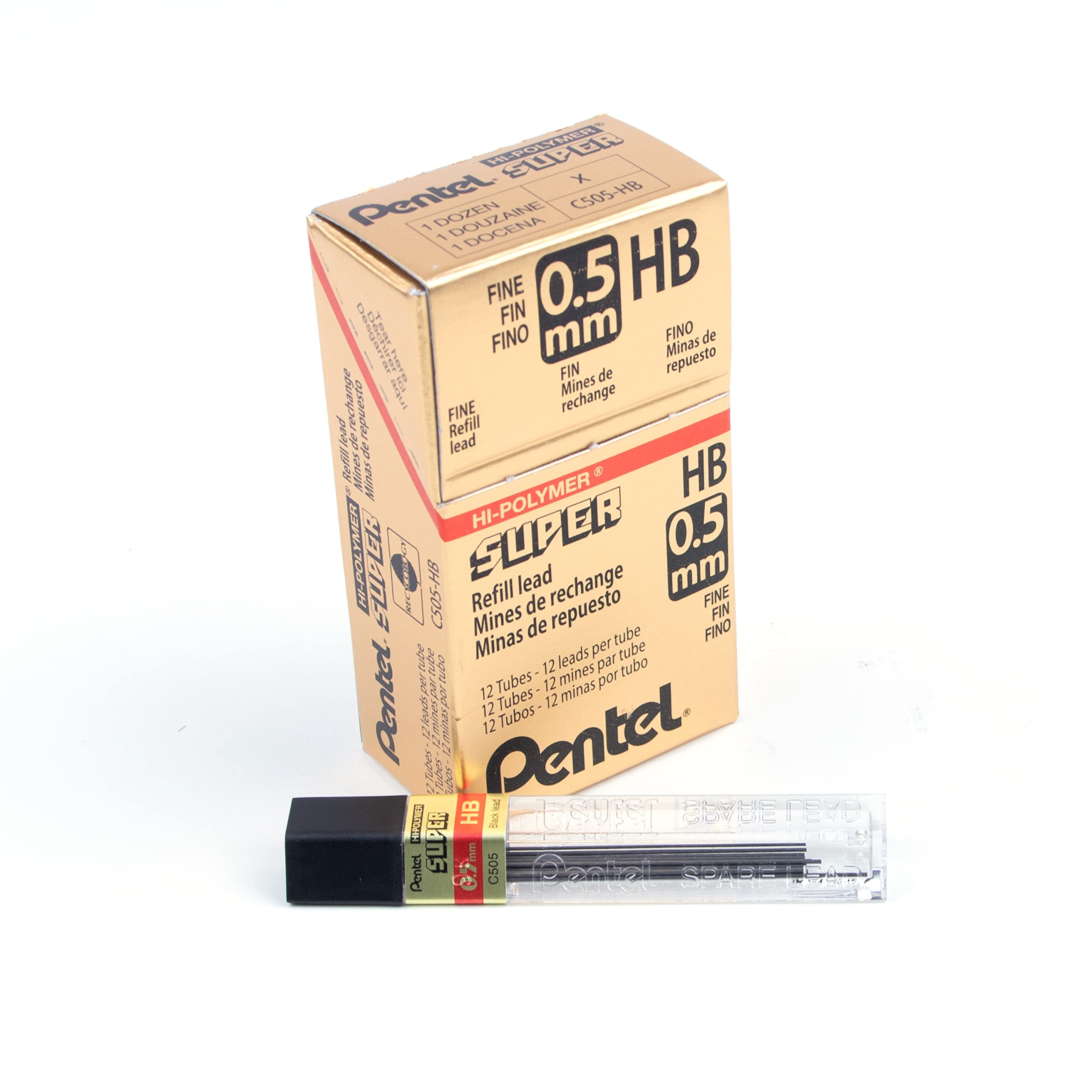 Pentel Refill Lead Extra-strong Hi-polymer in Tube of 12 x HB 0.5mm Ref C505-HB , black
