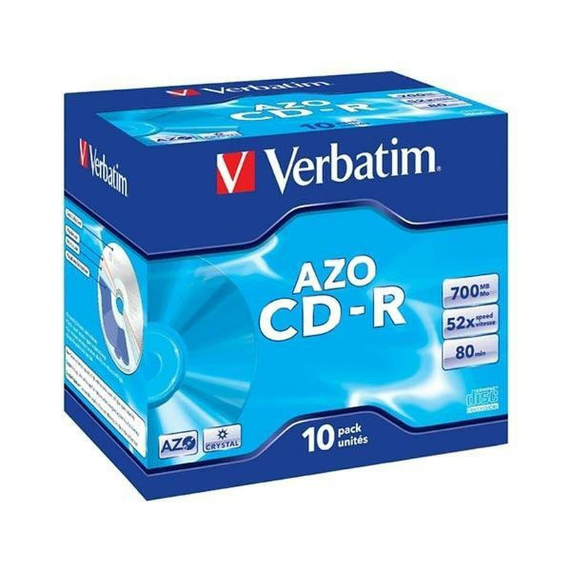 Verbatim CD-R AZO Crystal 700 MB, Pack of 10 Jewel Case, CD Blanks, 52x Burning Speed with Long Life, Blank CDs, Audio CD Blank, for Photos & Videos & Documents