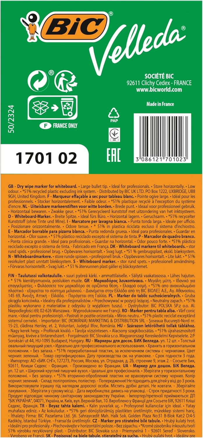 Bic Velleda 1701 Ecolutions Whiteboard Pens, Green - Box of 12 - Dry Erase Pens for Whiteboards in School or office
