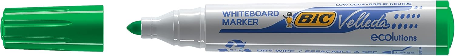 Bic Velleda 1701 Ecolutions Whiteboard Pens, Green - Box of 12 - Dry Erase Pens for Whiteboards in School or office