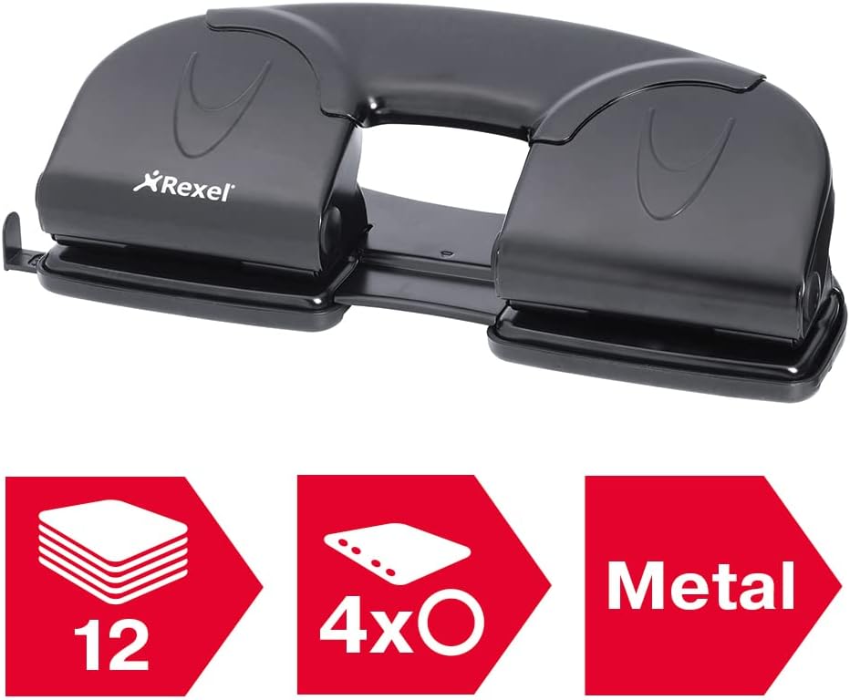 Rexel V412 4 Hole Punch, 12 Sheet Capacity, Adjustable Guide Bar, Metal, Black, 8309 Single