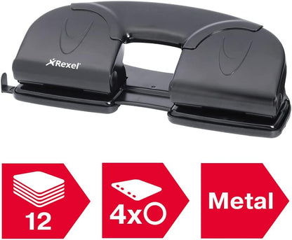 Rexel V412 4 Hole Punch, 12 Sheet Capacity, Adjustable Guide Bar, Metal, Black, 8309 Single
