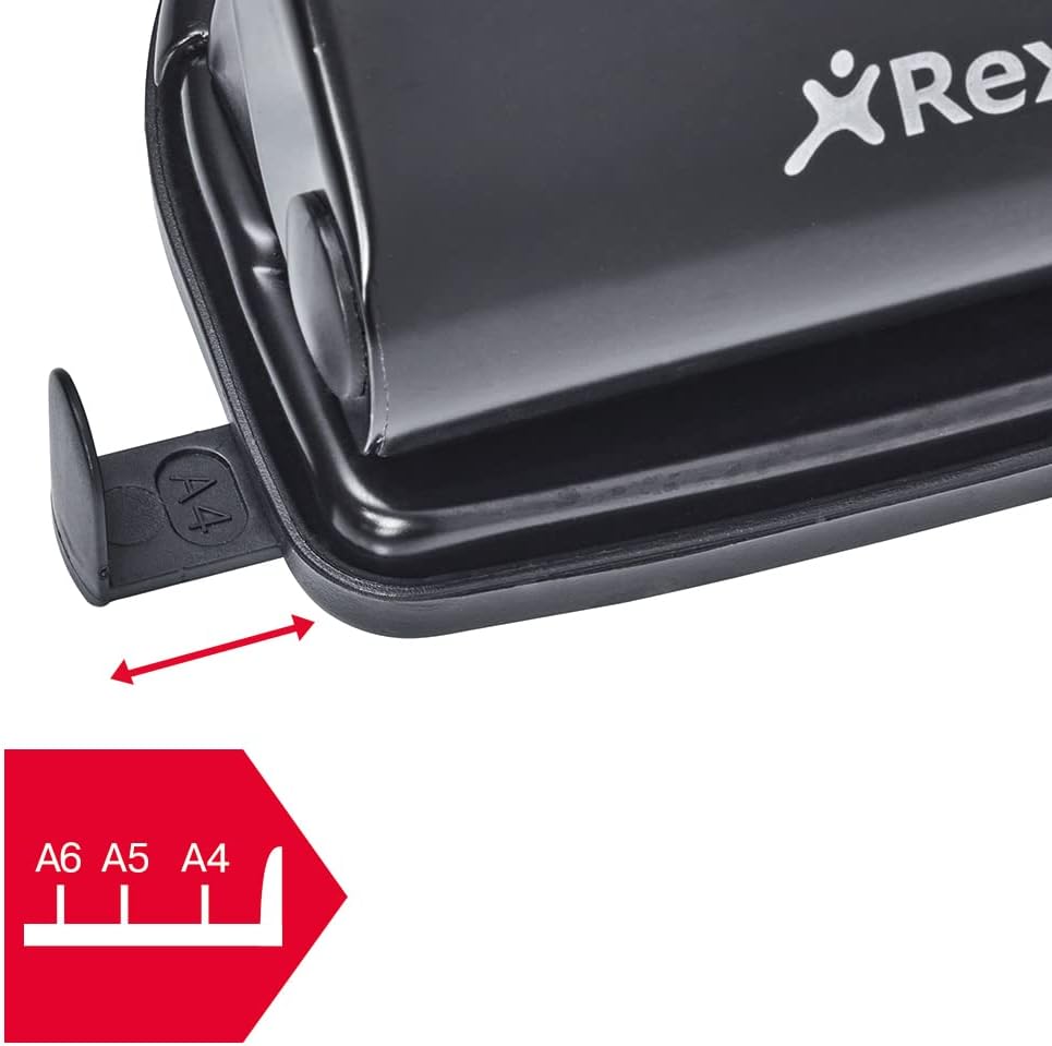 Rexel V412 4 Hole Punch, 12 Sheet Capacity, Adjustable Guide Bar, Metal, Black, 8309 Single