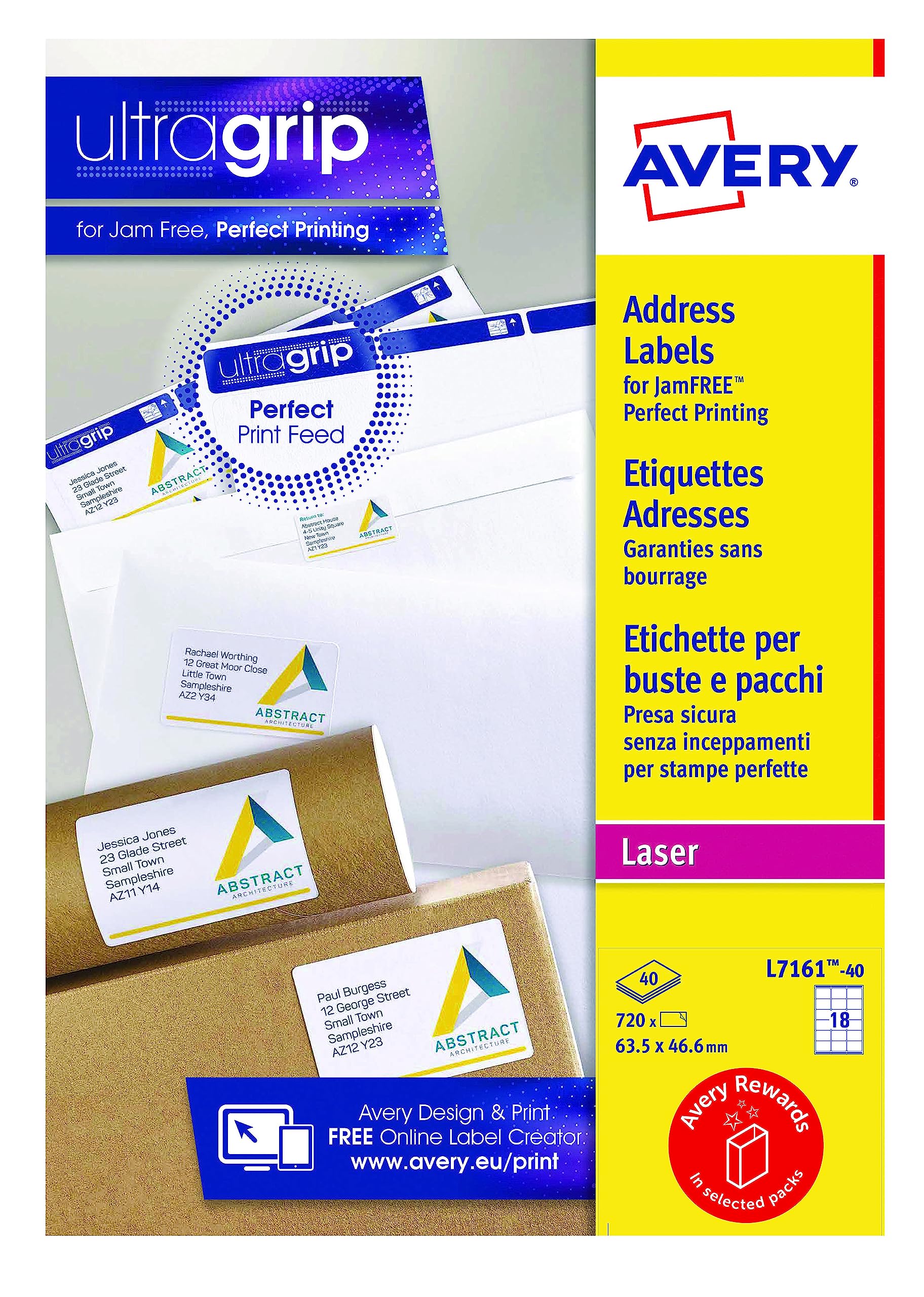 Avery Self-Adhesive Address Mailing Labels, Laser Printers, 18 Labels Per A4 Sheet, 720 labels, UltraGrip (L7161