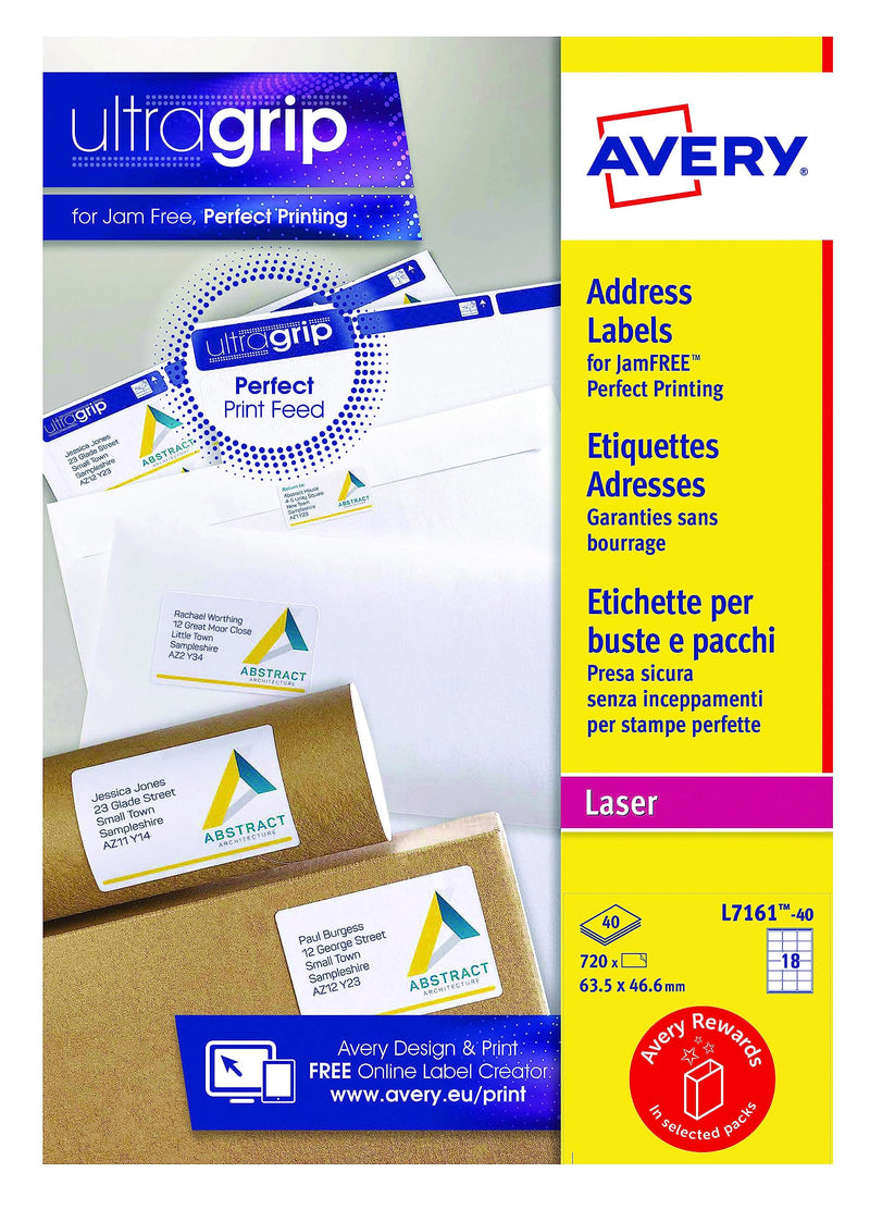 Avery Self-Adhesive Address Mailing Labels, Laser Printers, 18 Labels Per A4 Sheet, 720 labels, UltraGrip (L7161