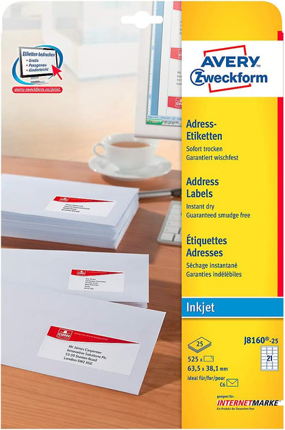 AVERY Zweckform J8160-25 Adressetiketten/Adressaufkleber (525 Etiketten, 63,5x38,1mm auf A4, bedruckbar, selbstklebend, für DIN B6/C6 Briefkuverts, Papier matt, Inkjet-Drucker) 25 Blatt, weiß