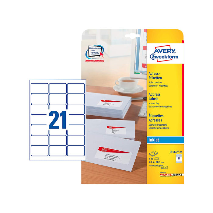 AVERY Zweckform J8160-25 Adressetiketten/Adressaufkleber (525 Etiketten, 63,5x38,1mm auf A4, bedruckbar, selbstklebend, für DIN B6/C6 Briefkuverts, Papier matt, Inkjet-Drucker) 25 Blatt, weiß