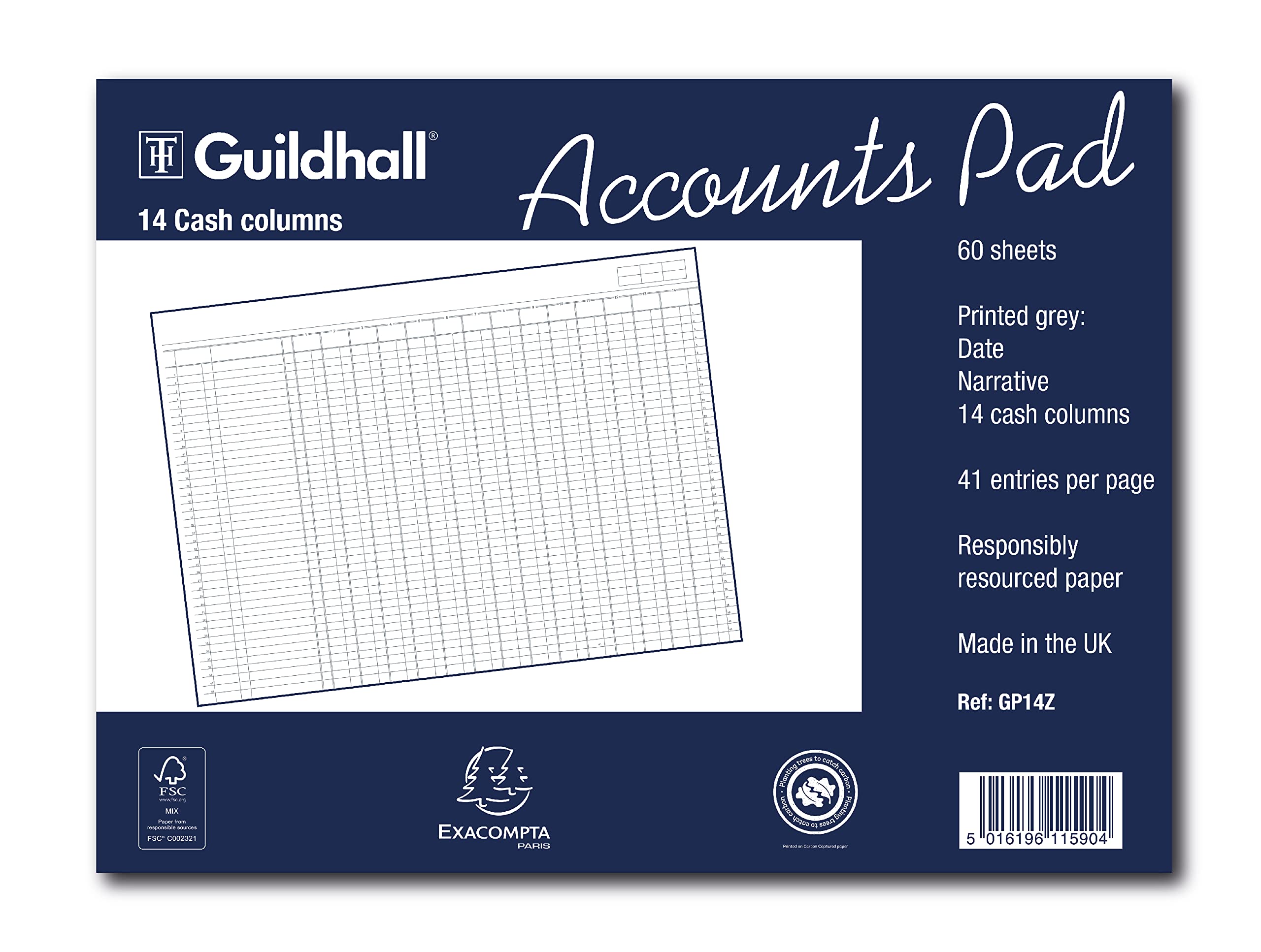 Exacompta - Ref GP14Z - Guildhall - Accounts Pad, A3 298 x 406mm, 60 sheets 70gsm, 14 Cash Columns, 41 Feint Lines, 4 Holes for Filing, FSC-Certified