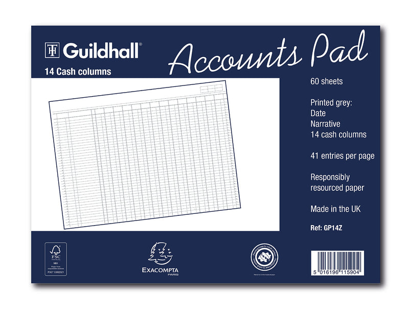 Exacompta - Ref GP14Z - Guildhall - Accounts Pad, A3 298 x 406mm, 60 sheets 70gsm, 14 Cash Columns, 41 Feint Lines, 4 Holes for Filing, FSC-Certified