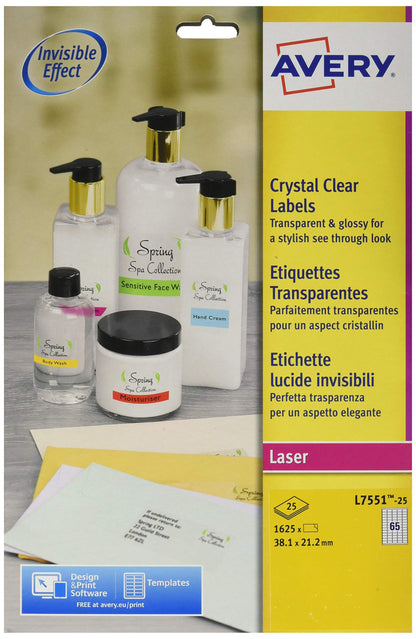 Avery Self Adhesive Clear Mini Organising Return Address Labels, Laser Printers (38.1 x 21.2 mm, 65 Labels Per A4 Sheet, 25 Sheets), 1625 labels, (L7551
