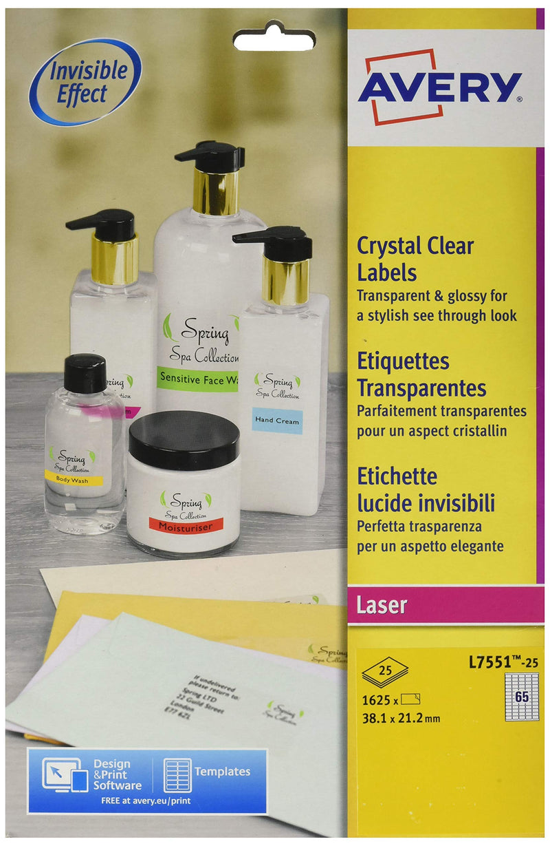 Avery Self Adhesive Clear Mini Organising Return Address Labels, Laser Printers (38.1 x 21.2 mm, 65 Labels Per A4 Sheet, 25 Sheets), 1625 labels, (L7551