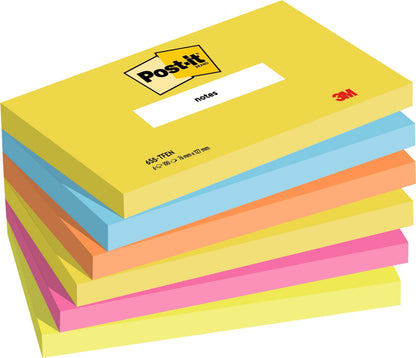 Post-it Notes Energetic Color Collection, Pack of 6 Pads, 100 Sheets per Pad, 76 mm x 127 mm, Yellow, Blue, Orange, Pink, Green Colors - Self-stick Notes For Note Taking, To Do Lists & Reminders