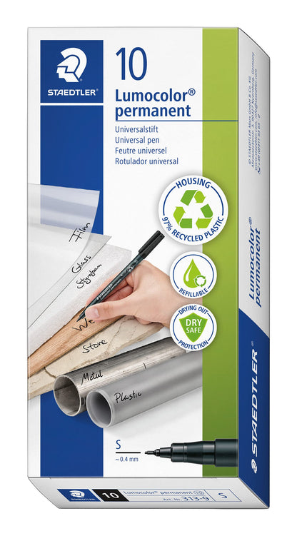 STAEDTLER 313-9 Lumocolor Permanent Pen, Superfine Line Width, 0.4mm - Black (Box of 10