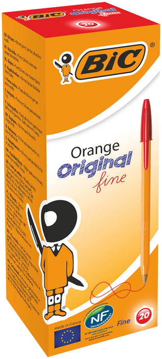 BIC Orange Fine Ballpoint Pens, Fine Point (0.8 mm), Red Ink, Box of 20 - Writing Pens with Long-Lasting Ink
