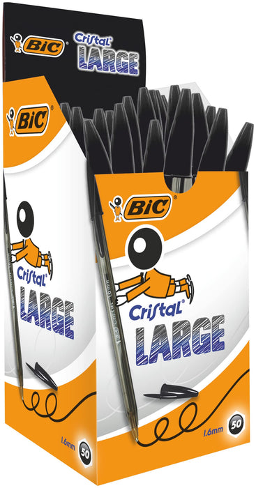 BIC Cristal Large Ballpoint Pens, Every-Day Biro Pens with Wide Point (1.6 mm), Ideal for School, Black Ink, Pack of 50