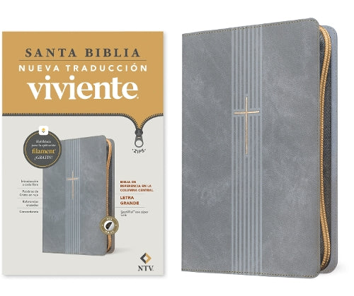Biblia de Referencia En La Columna Central Ntv, Letra Grande de Zï½per Con Filament (Sentipiel, Gris, ï½ndice, Letra Roja)