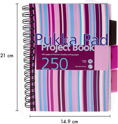 Pukka Pad, A5 Striped Project Notebook 3-Pack - 21 x 14.9cm - Wirebound Notebook with 8mm Feint Ruled Lines on 80GSM Paper – Includes 3 Repositionable Dividers with Storage Pockets - 250 Pages