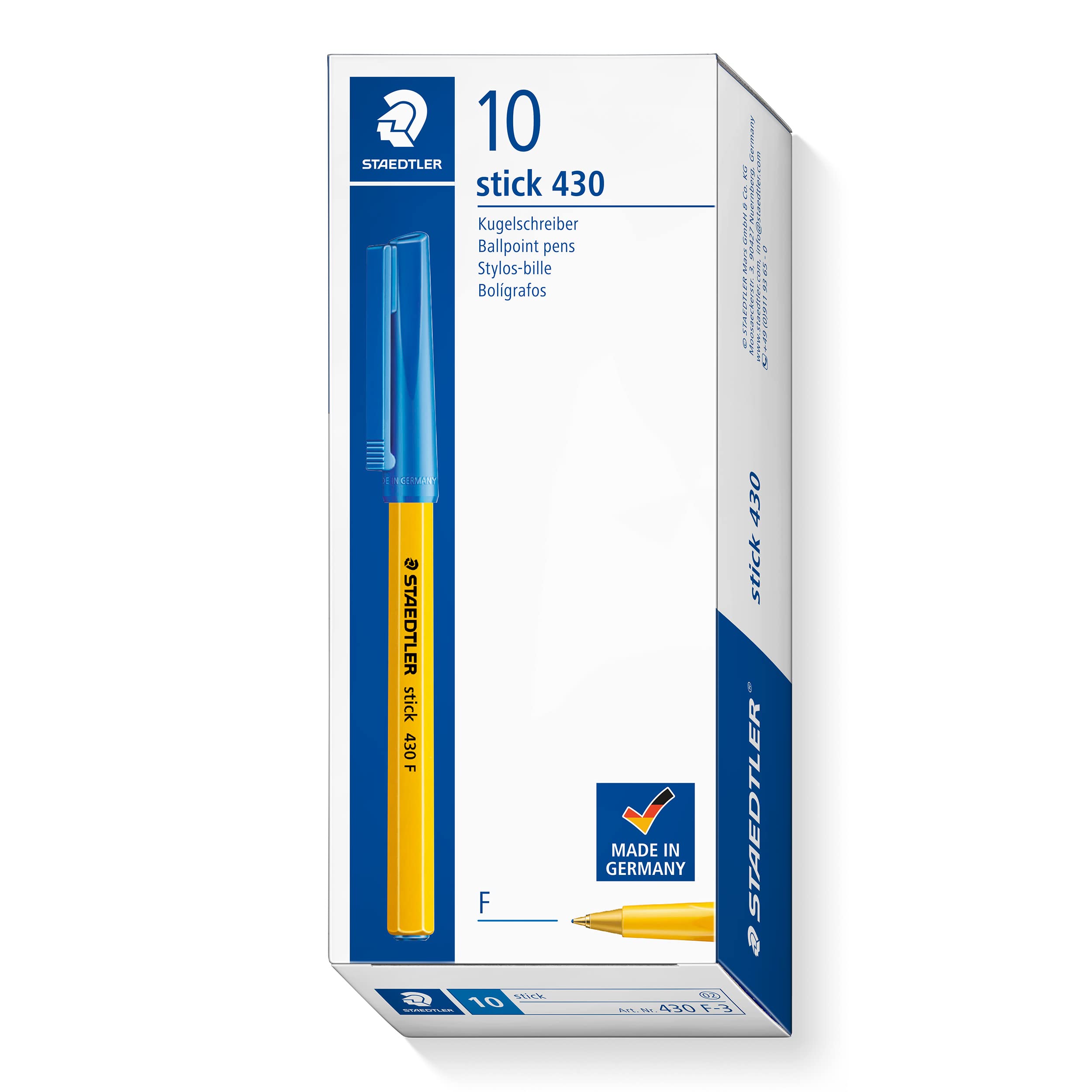 STAEDTLER Medium Stick 430 F-3 Ballpoint Pen Fine, Blue, Box of 10