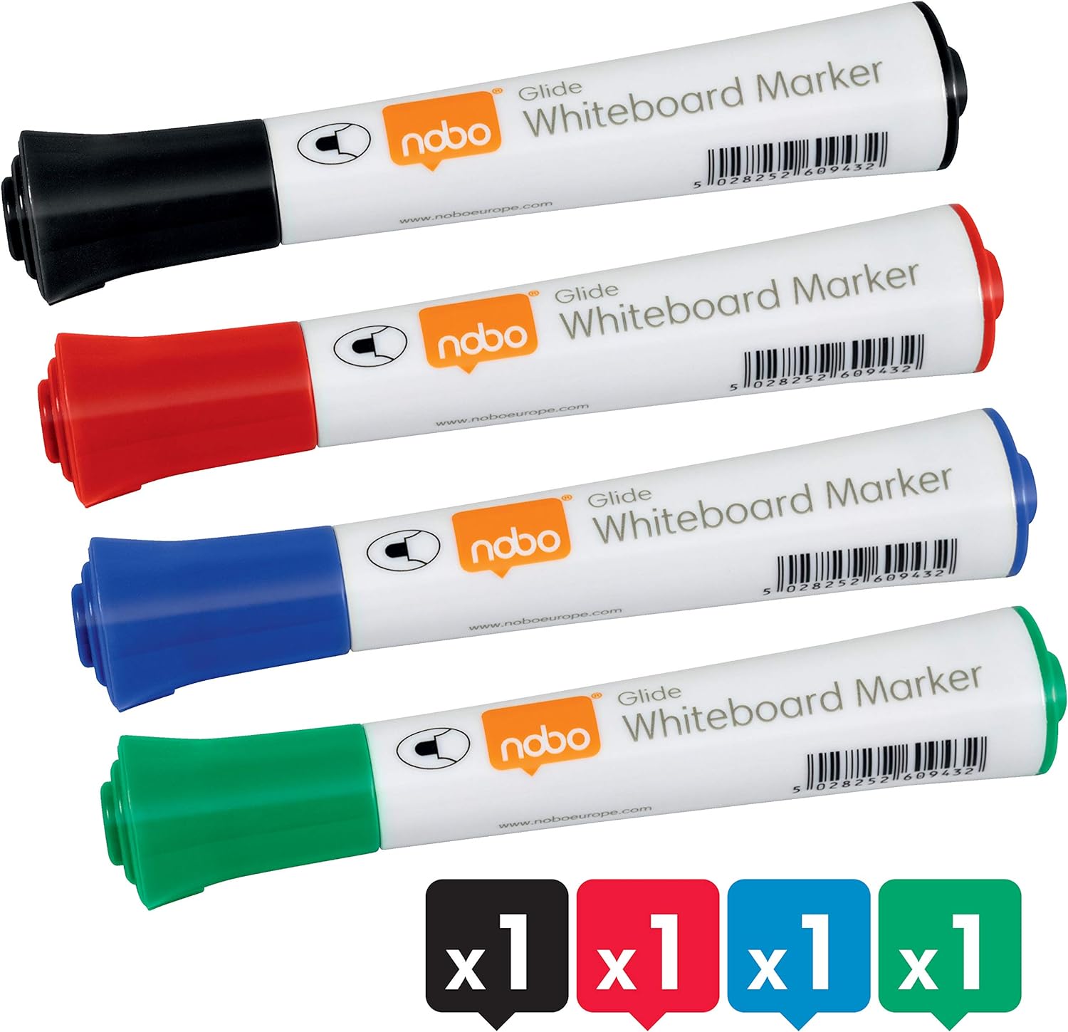 Nobo Glide Drywipe Whiteboard Pens, 2 mm Bullet Tip, Pack of 4, 1902096, Coloured