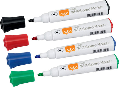 Nobo Glide Drywipe Whiteboard Pens, 2 mm Bullet Tip, Pack of 4, 1902096, Coloured