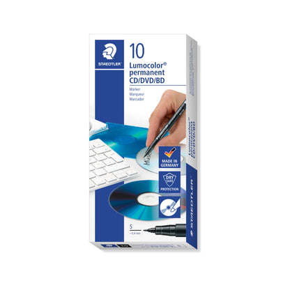 STAEDTLER 310 CDS-9 Lumocolor Permanent CD/DVD Marker Pen, Superfine 0.4mm Line Width - Black (Box of 10