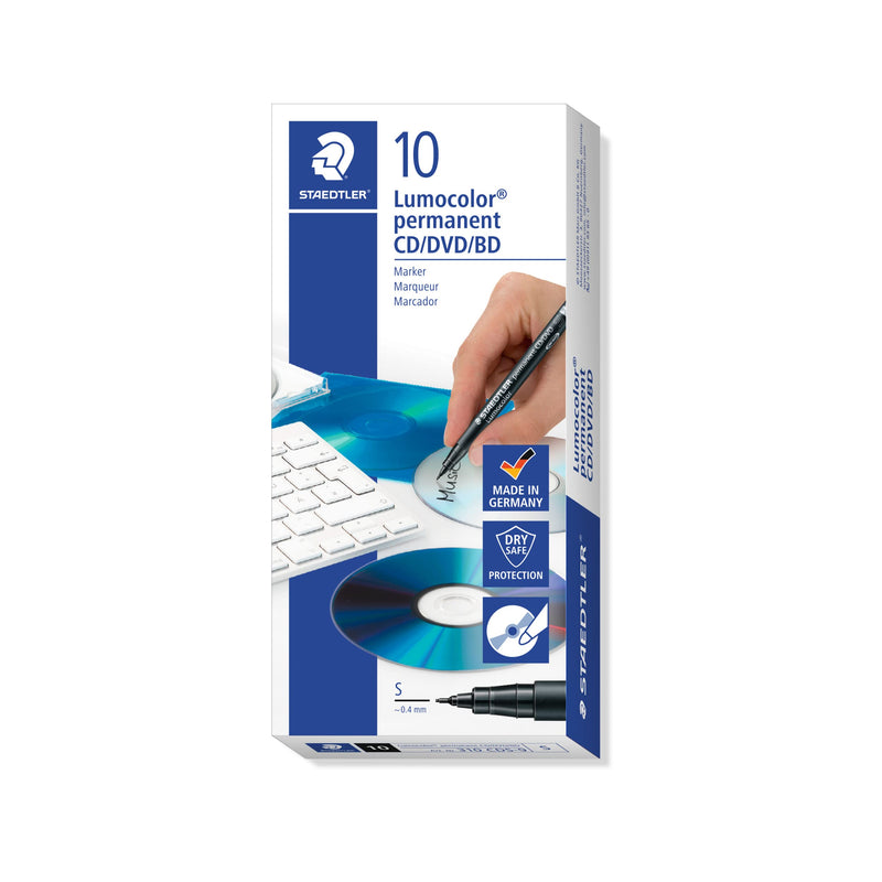 STAEDTLER 310 CDS-9 Lumocolor Permanent CD/DVD Marker Pen, Superfine 0.4mm Line Width - Black (Box of 10