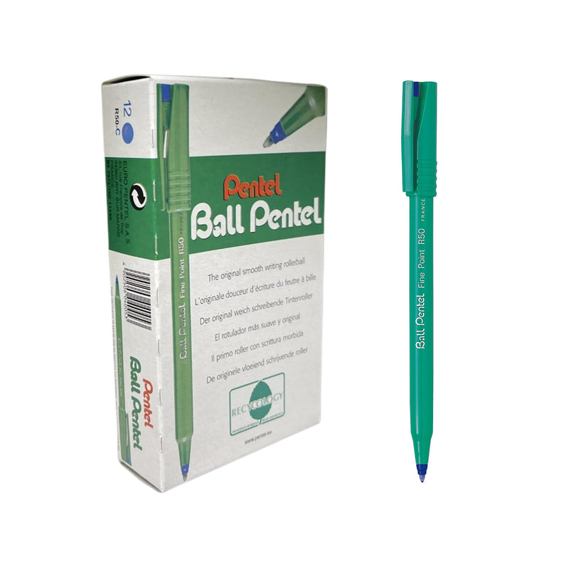 Pentel R50 Rollerball Pen Green Barrel Water-based 0.8mm Tip 0.4mm Line Blue Ref R50-C