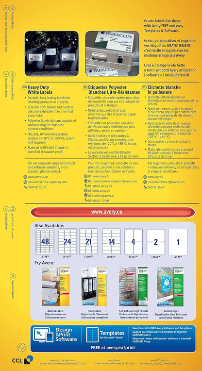 Avery L4773-20 (63.5 x 33.9mm) Extra-Strong Adhesive Heavy Duty Weatherproof Labels, 24 Labels Per A4 Sheet