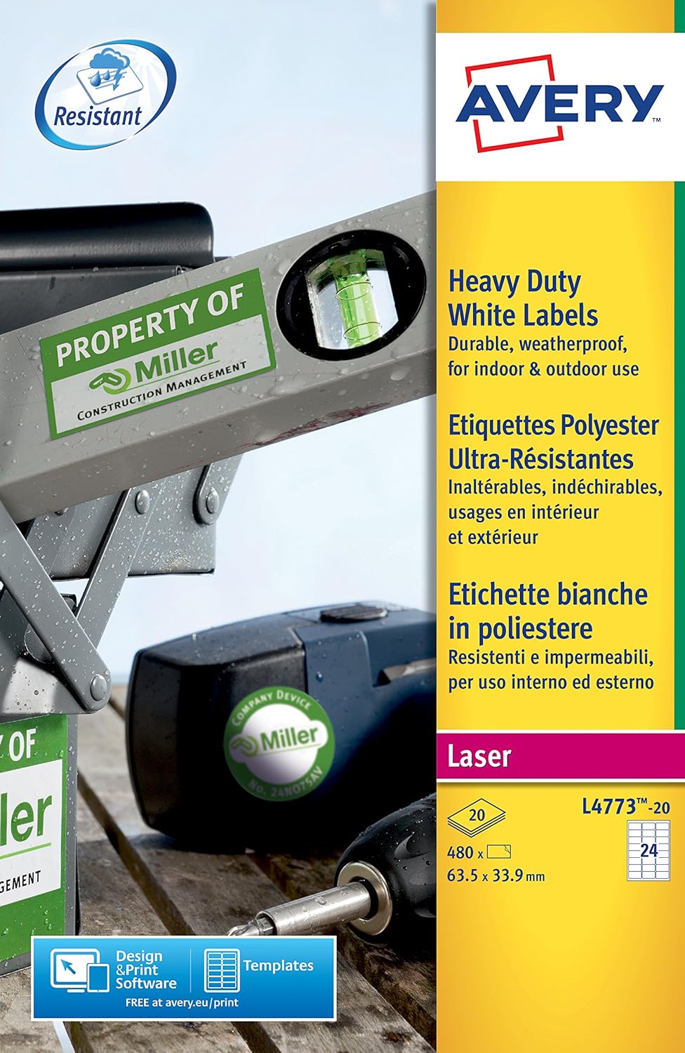Avery L4773-20 (63.5 x 33.9mm) Extra-Strong Adhesive Heavy Duty Weatherproof Labels, 24 Labels Per A4 Sheet