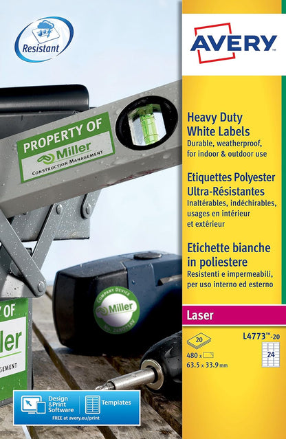 Avery L4773-20 (63.5 x 33.9mm) Extra-Strong Adhesive Heavy Duty Weatherproof Labels, 24 Labels Per A4 Sheet