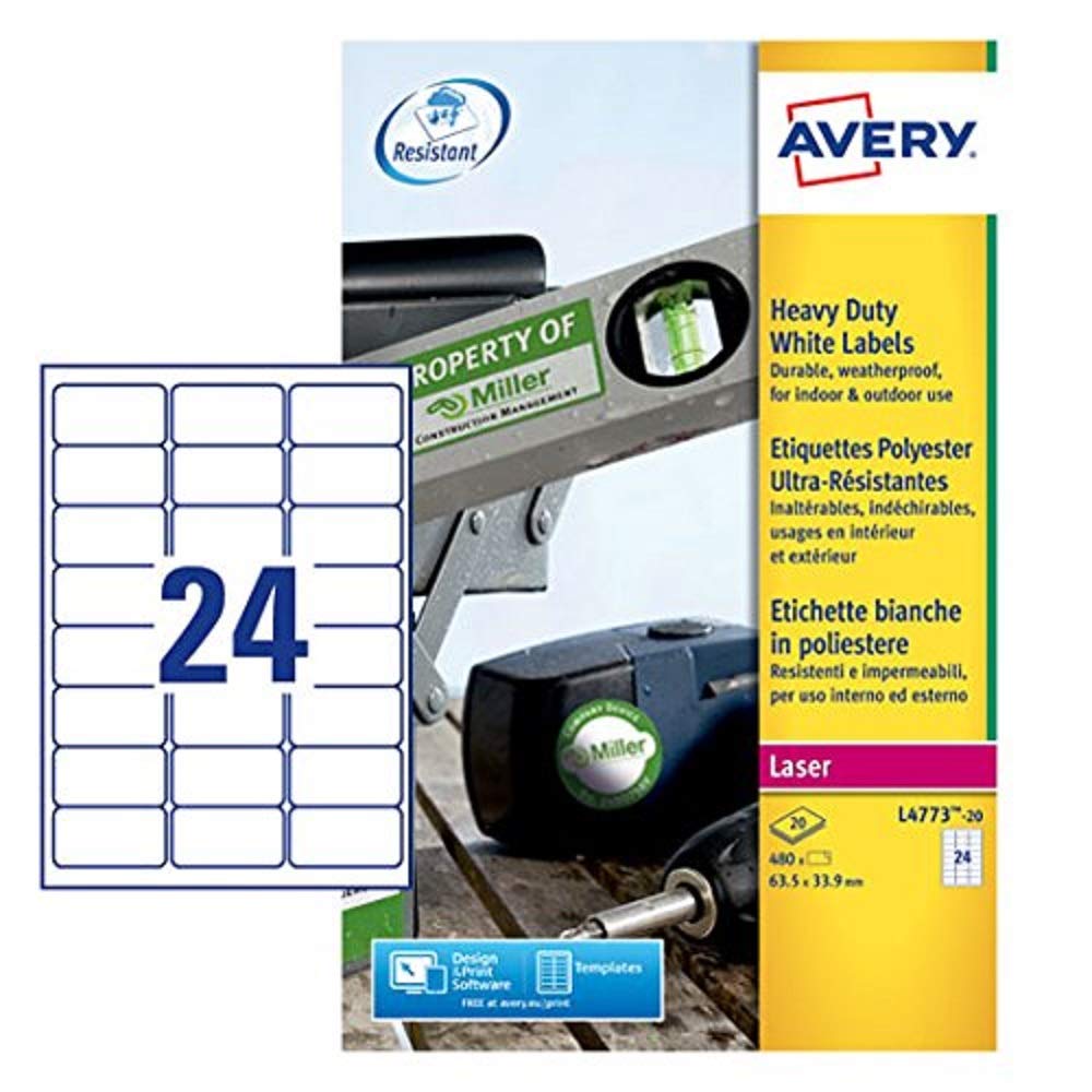 Avery L4773-20 (63.5 x 33.9mm) Extra-Strong Adhesive Heavy Duty Weatherproof Labels, 24 Labels Per A4 Sheet