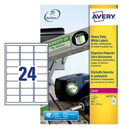 Avery L4773-20 (63.5 x 33.9mm) Extra-Strong Adhesive Heavy Duty Weatherproof Labels, 24 Labels Per A4 Sheet