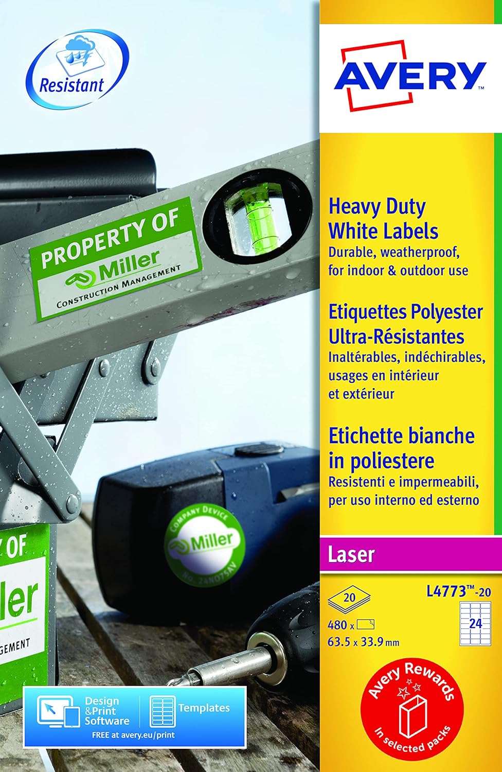 Avery L4773-20 (63.5 x 33.9mm) Extra-Strong Adhesive Heavy Duty Weatherproof Labels, 24 Labels Per A4 Sheet