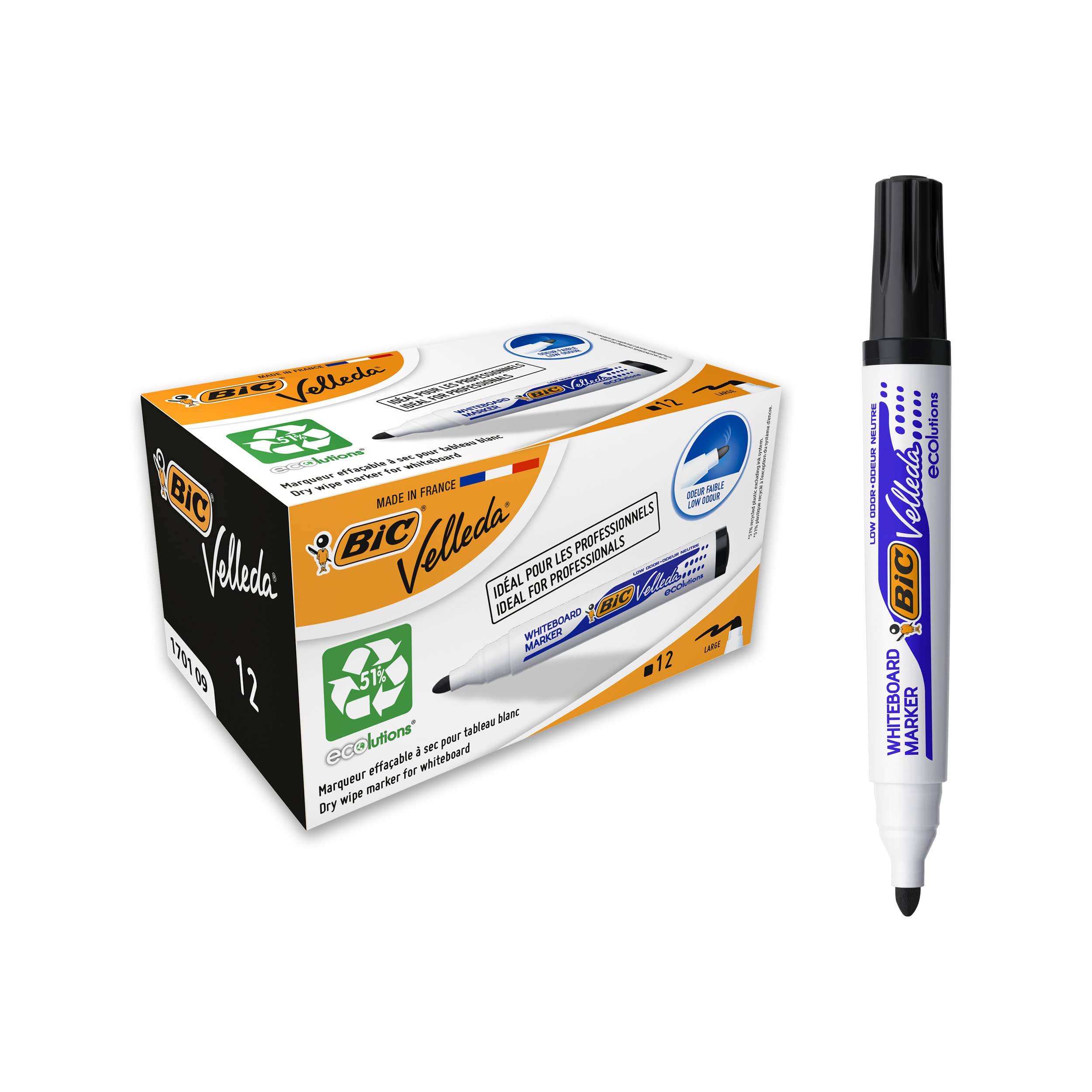 Bic Velleda 1701 Ecolutions Whiteboard Pens, Dry Erase Pens for School Whiteboards, Black Ink, Box of 12