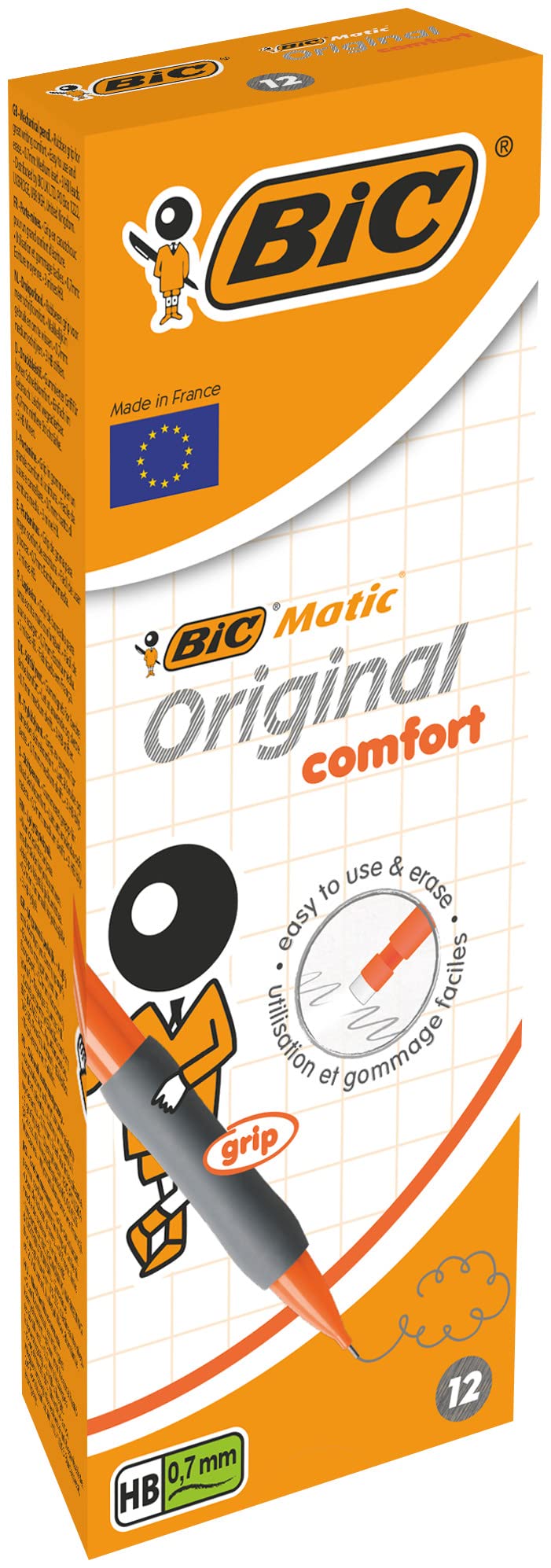 BIC Matic Original Comfort, Mechanical Pencils with 0.7mm Pressure Resistant HB Lead, Assorted Barrel Colours (Blue, Orange, Yellow & Grey), Pack of 12