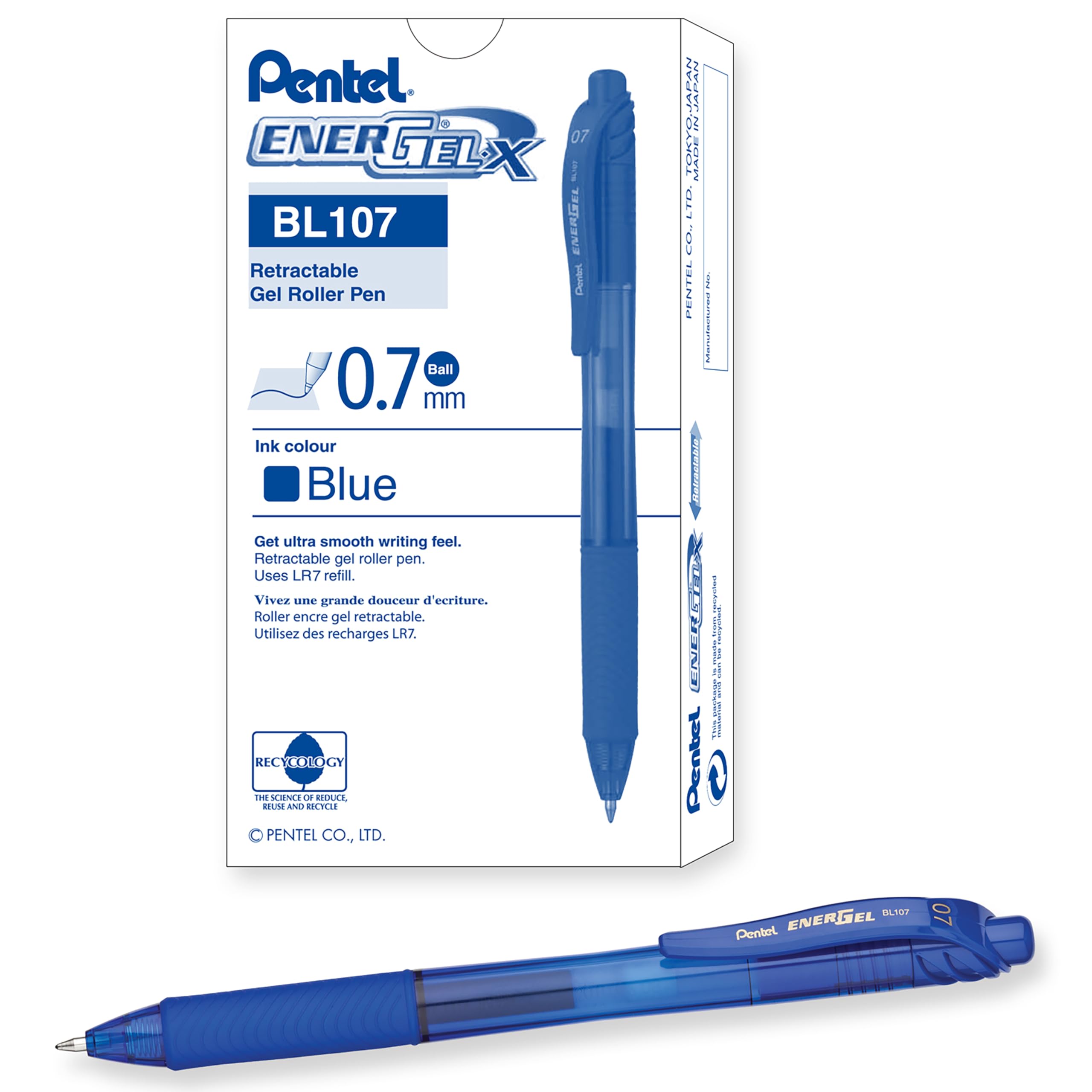 Pentel EnerGel-X 0.7mm Tip Retractable Pen, Blue (Pack of 12