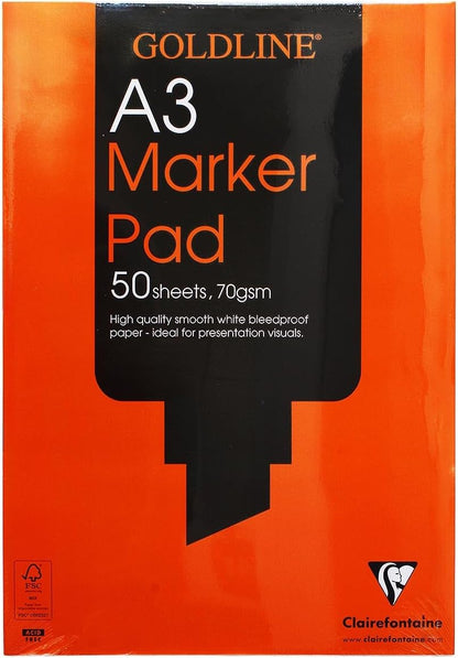 Clairefontaine - Ref GPB1A3Z - Goldline Bleed-Proof Marker Pad (Contains 50 Sheets) - A3 (420 x 297mm) in Size, 70gsm Smooth Paper, FSC-Certified, Glue Bound Top
