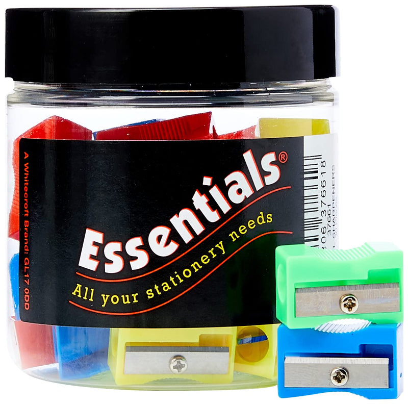 Whitecroft Essentials Stationery Tubs Plastic Pencil Sharpeners - Assorted Colours (Pack of 30