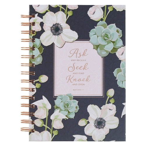Christian Art Gifts Inspirational Journal, Ask Seek Knock Wide Ruled Notebook, Matthew 7:7 Bible Verse, Blue, 192 Lined Pages W/Scripture, (8.4" X 6.4" X 1")