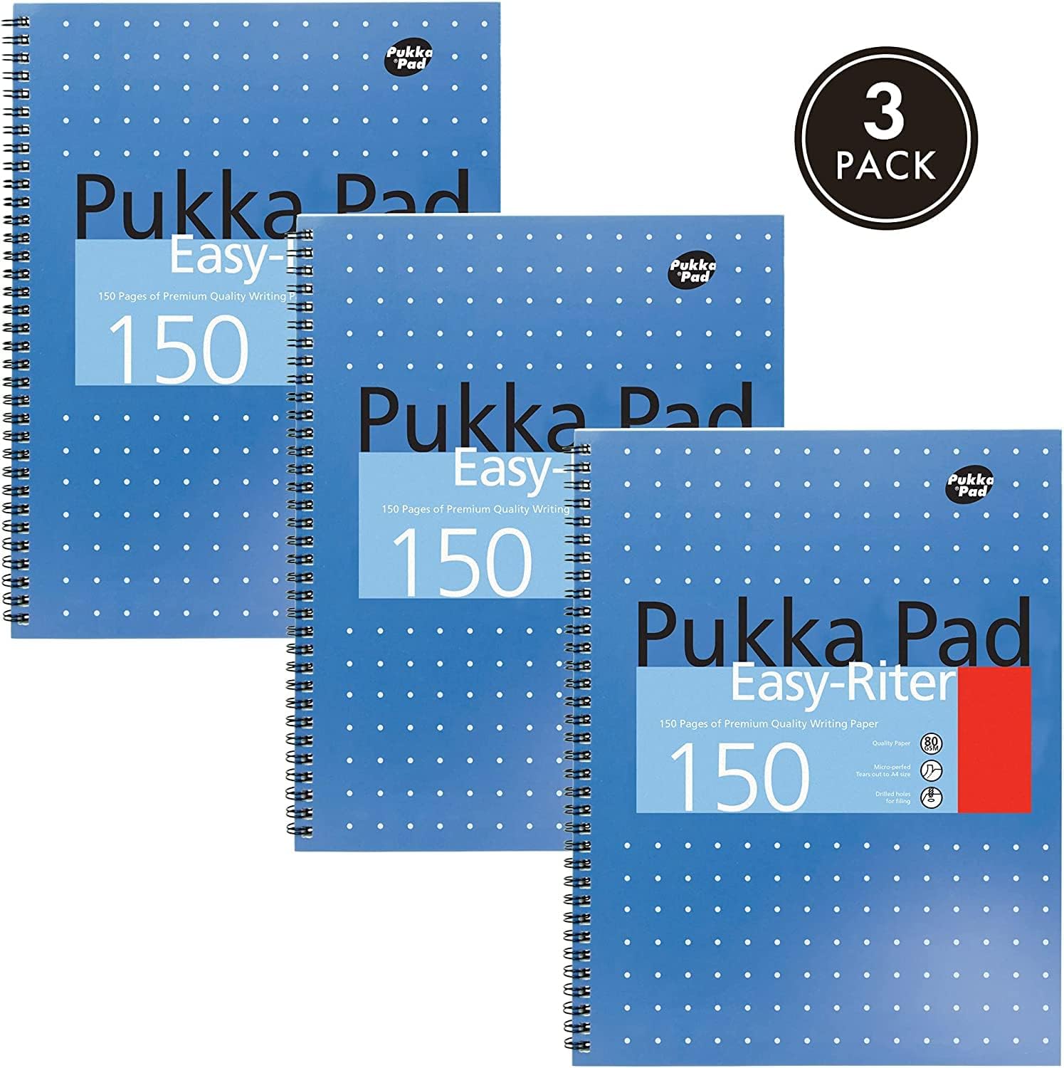 Pukka Pad, Easy-Riter A4 Notebook 3-Pack – Twin Wirebinding with 150 Pages of 80GSM Paper, Perforated Edges, and 4 Hole-Punch Compatibility – 29.3 x 27cm Pack of 3