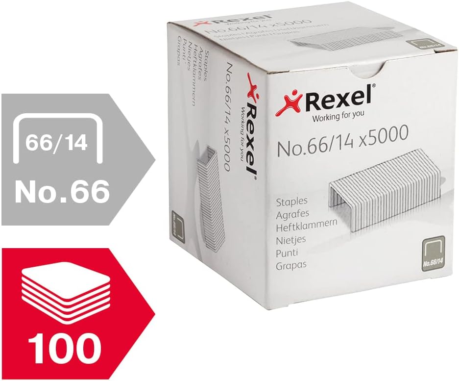 Rexel No.66/14 mm Heavy Duty Staples, For Stapling up to 100 Sheets, Use with the Rexel Giant and Goliath Staplers, Box of 5000, 6075