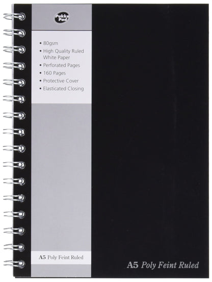 Pukka Pads Poly Jotta - Cuaderno de espiral doble (3 unidades, A5, 160 hojas microperforadas, 80 g/m², raya de 8 mm, con cierre elástico, tapa de polipropileno