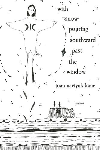 with snow pouring southward past the window